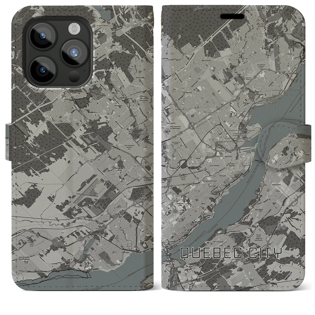 【ケベック・シティー(カナダ)】地図柄iPhoneケース(手帳タイプ)モノトーン・iPhone 15 Pro Max 用