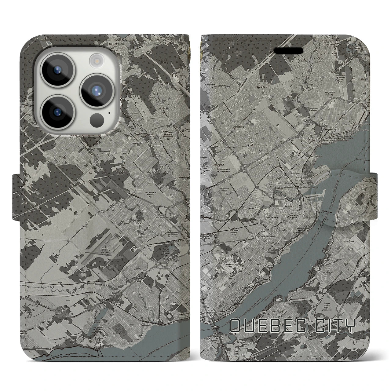 【ケベック・シティー(カナダ)】地図柄iPhoneケース(手帳タイプ)モノトーン・iPhone 15 Pro 用