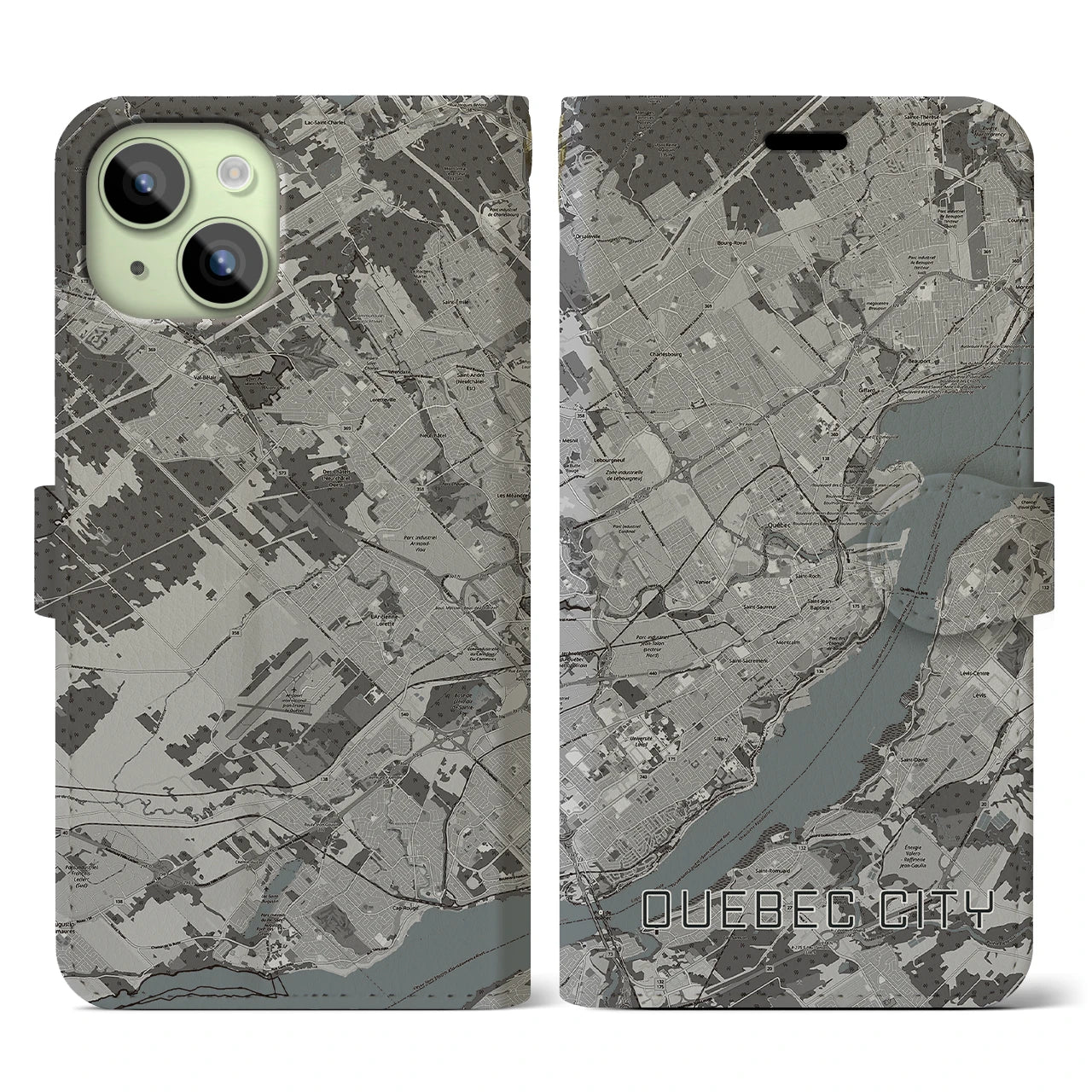 【ケベック・シティー(カナダ)】地図柄iPhoneケース(手帳タイプ)モノトーン・iPhone 15 用