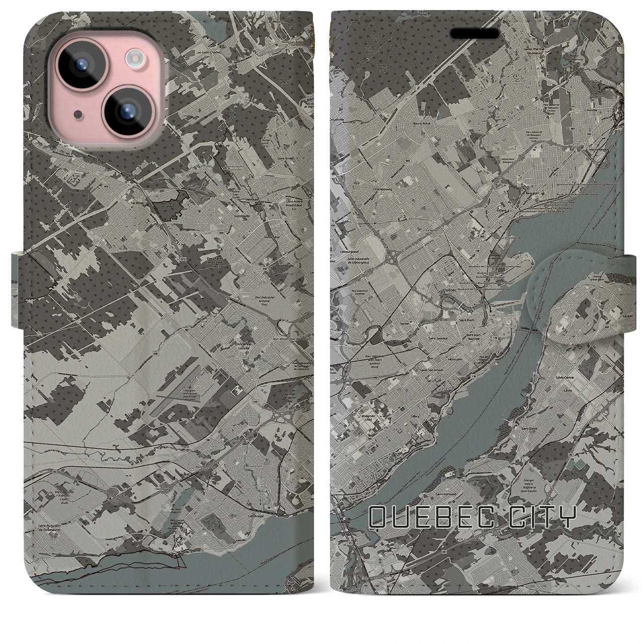 【ケベック・シティー(カナダ)】地図柄iPhoneケース(手帳タイプ)モノトーン・iPhone 15 Plus 用
