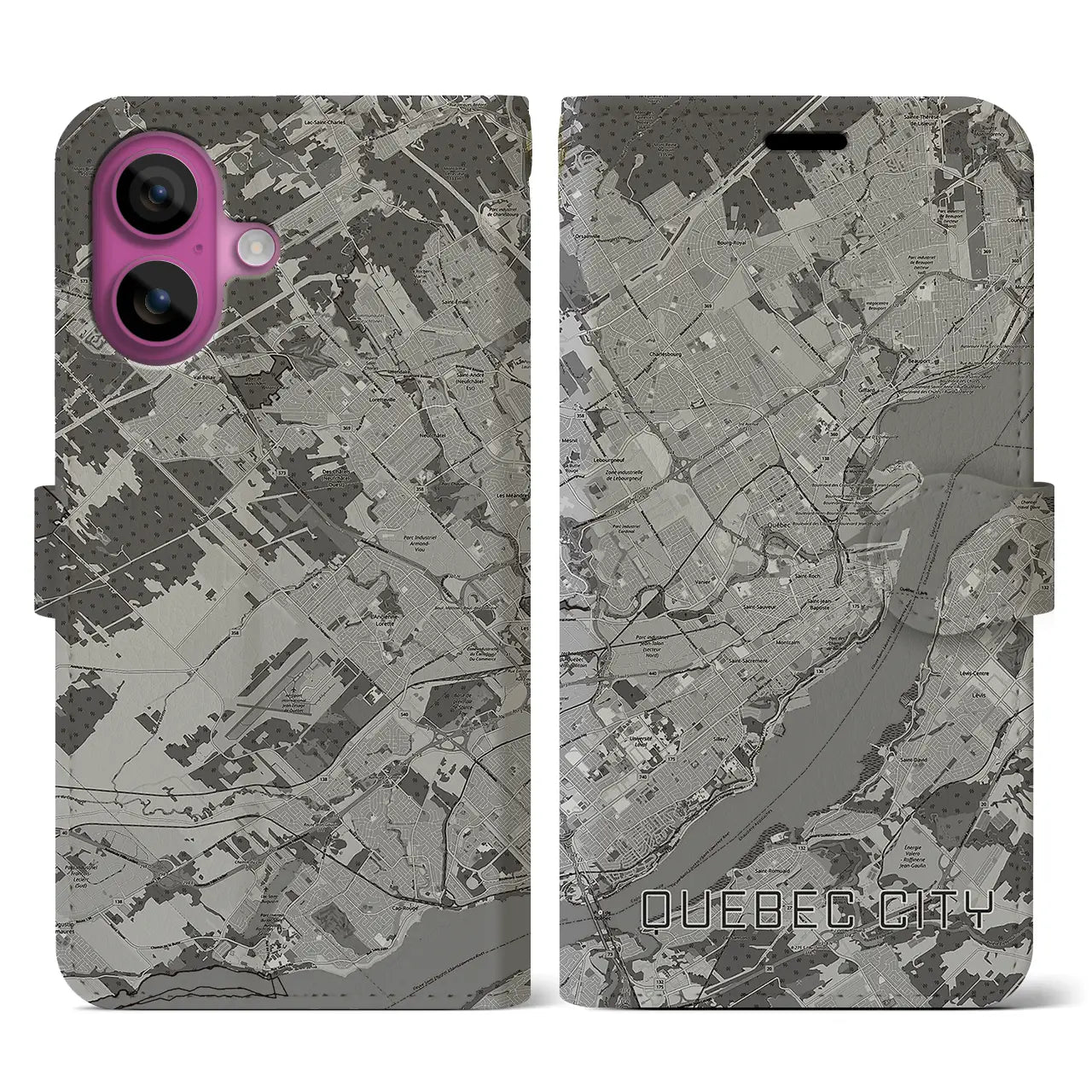 【ケベック・シティー(カナダ)】地図柄iPhoneケース(手帳タイプ)モノトーン・iPhone 16 Pro 用
