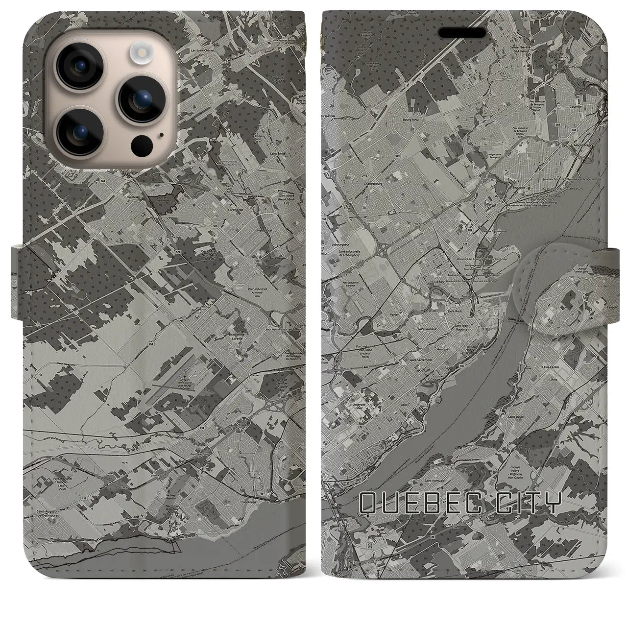 【ケベック・シティー(カナダ)】地図柄iPhoneケース(手帳タイプ)モノトーン・iPhone 16 Plus 用