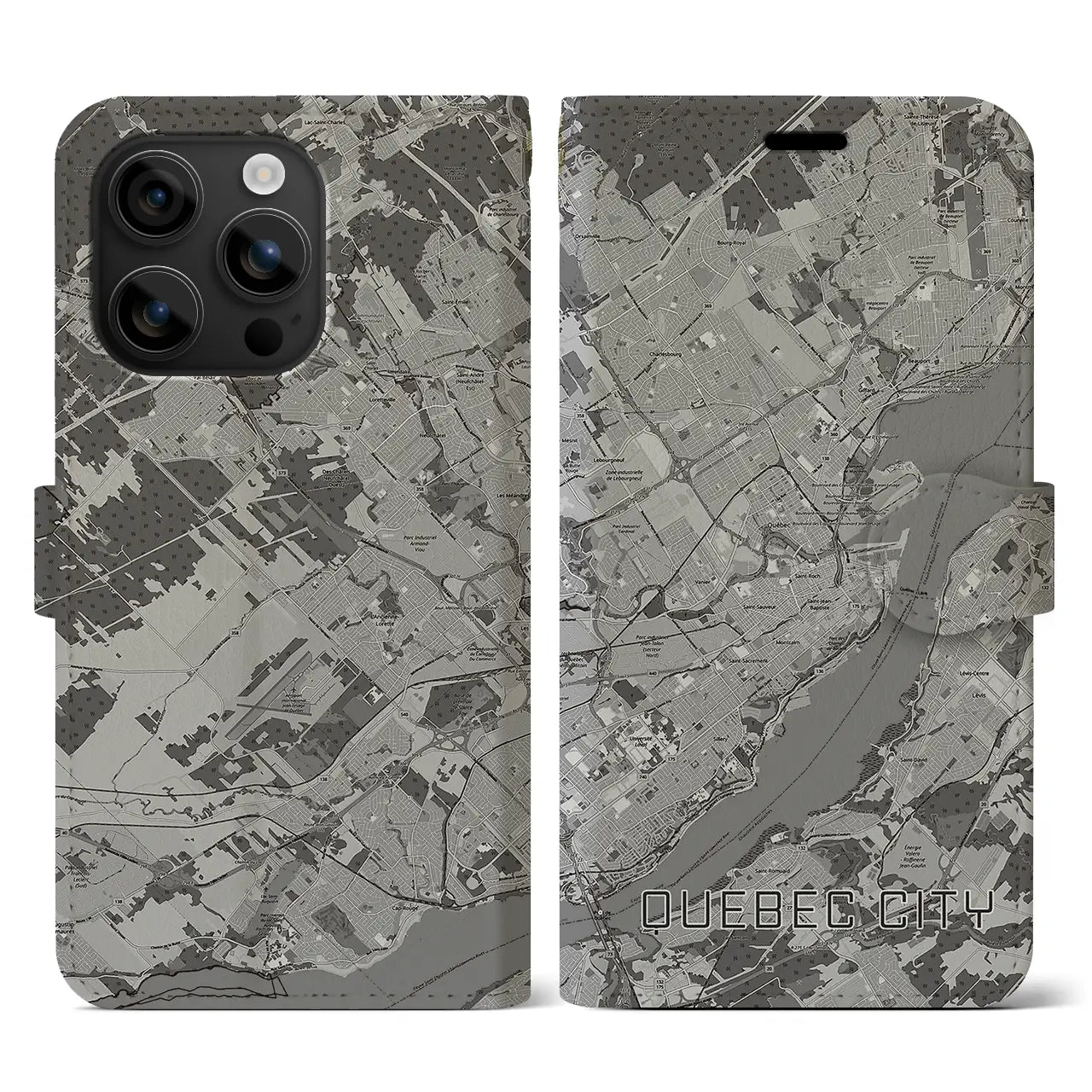【ケベック・シティー(カナダ)】地図柄iPhoneケース(手帳タイプ)モノトーン・iPhone 16 用
