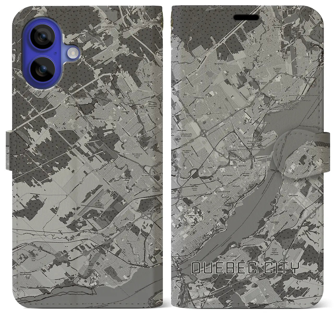 【ケベック・シティー(カナダ)】地図柄iPhoneケース(手帳タイプ)モノトーン・iPhone 16 Pro Max 用