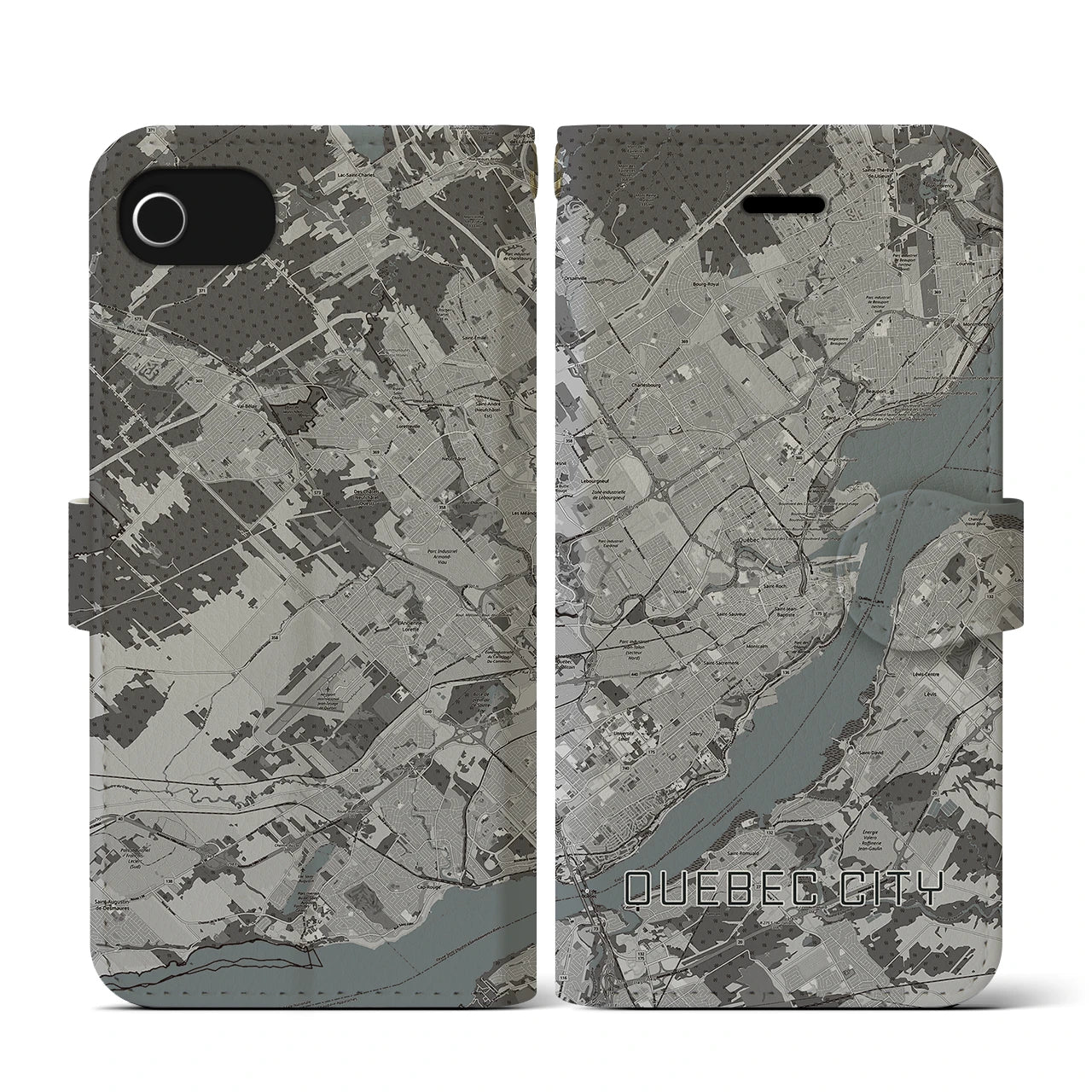 【ケベック・シティー(カナダ)】地図柄iPhoneケース(手帳タイプ)モノトーン・iPhone SE(第3 / 第2世代) / 8 / 7 / 6s / 6 用
