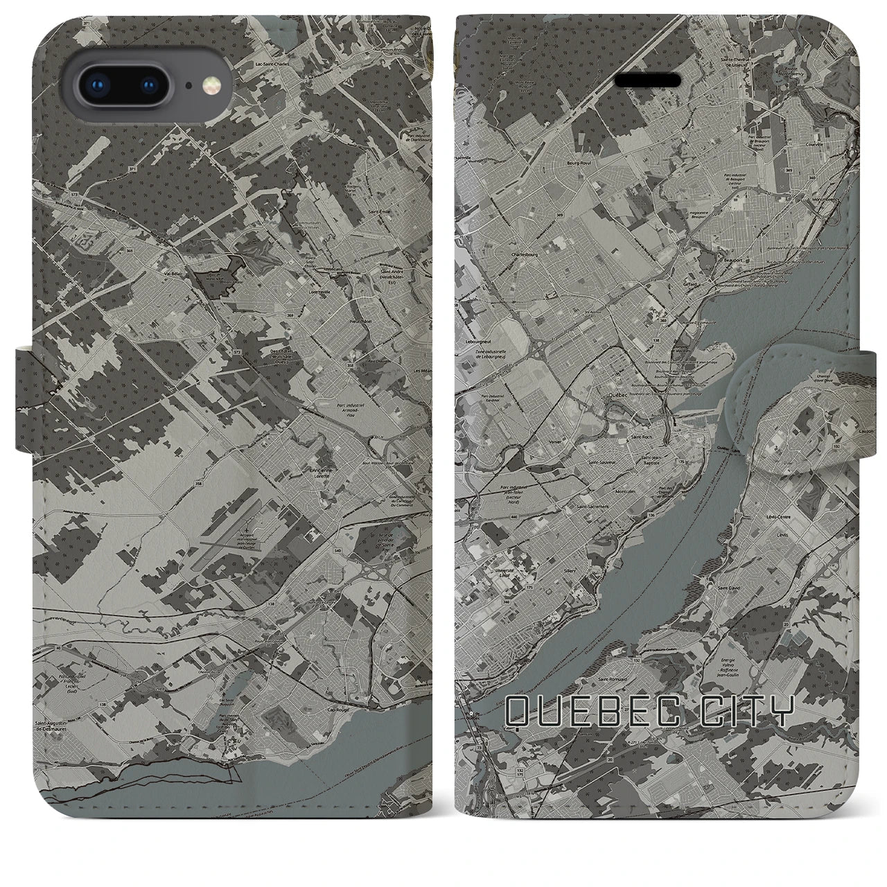 【ケベック・シティー(カナダ)】地図柄iPhoneケース(手帳タイプ)モノトーン・iPhone 8Plus /7Plus / 6sPlus / 6Plus 用
