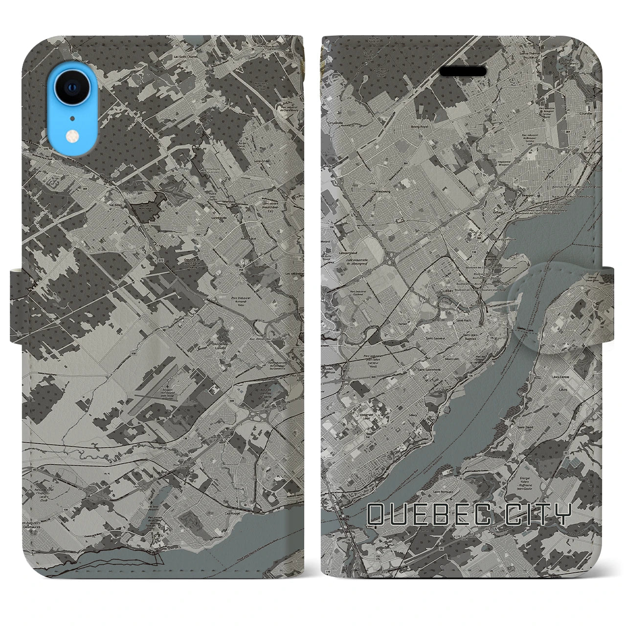 【ケベック・シティー(カナダ)】地図柄iPhoneケース(手帳タイプ)モノトーン・iPhone XR 用