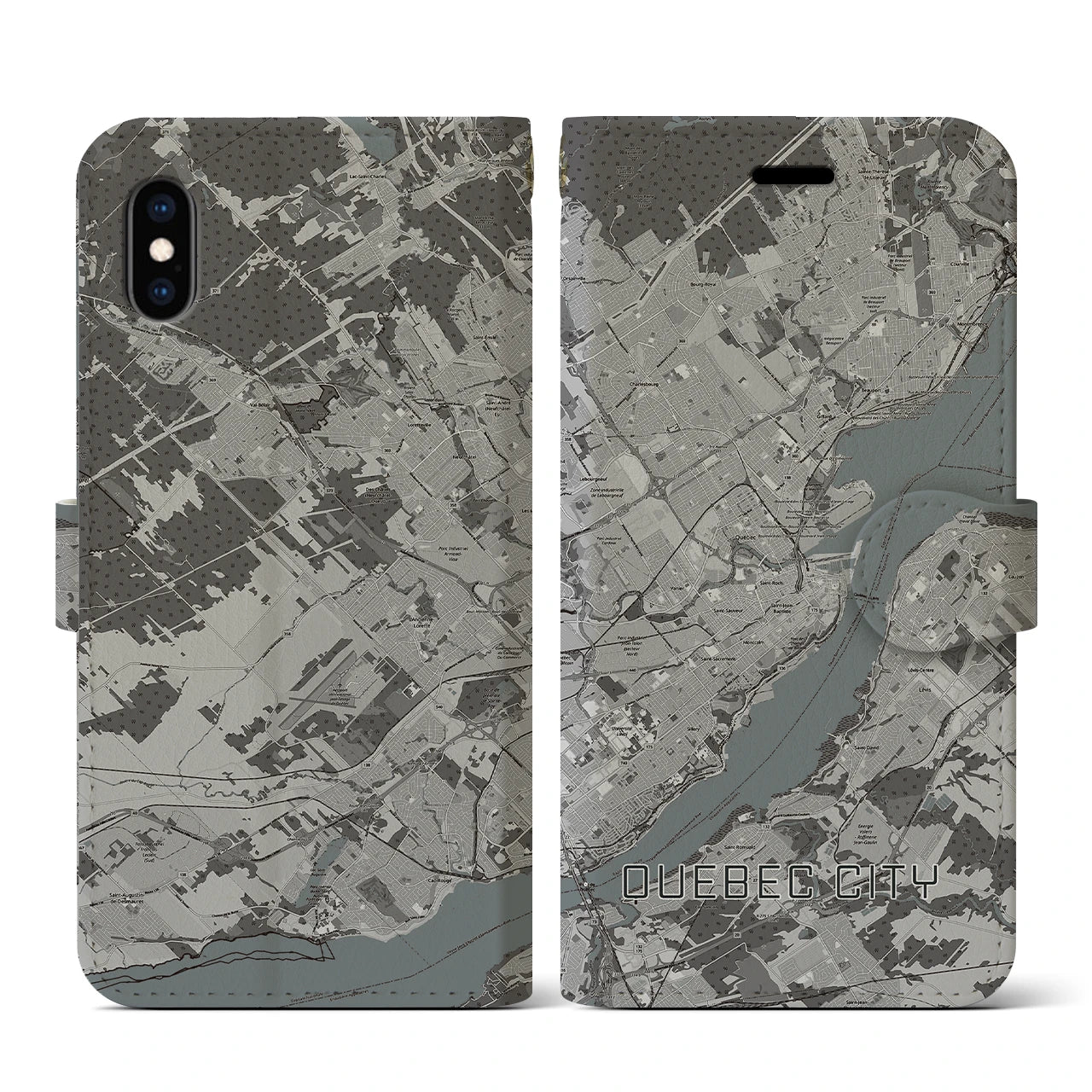 【ケベック・シティー(カナダ)】地図柄iPhoneケース(手帳タイプ)モノトーン・iPhone XS / X 用