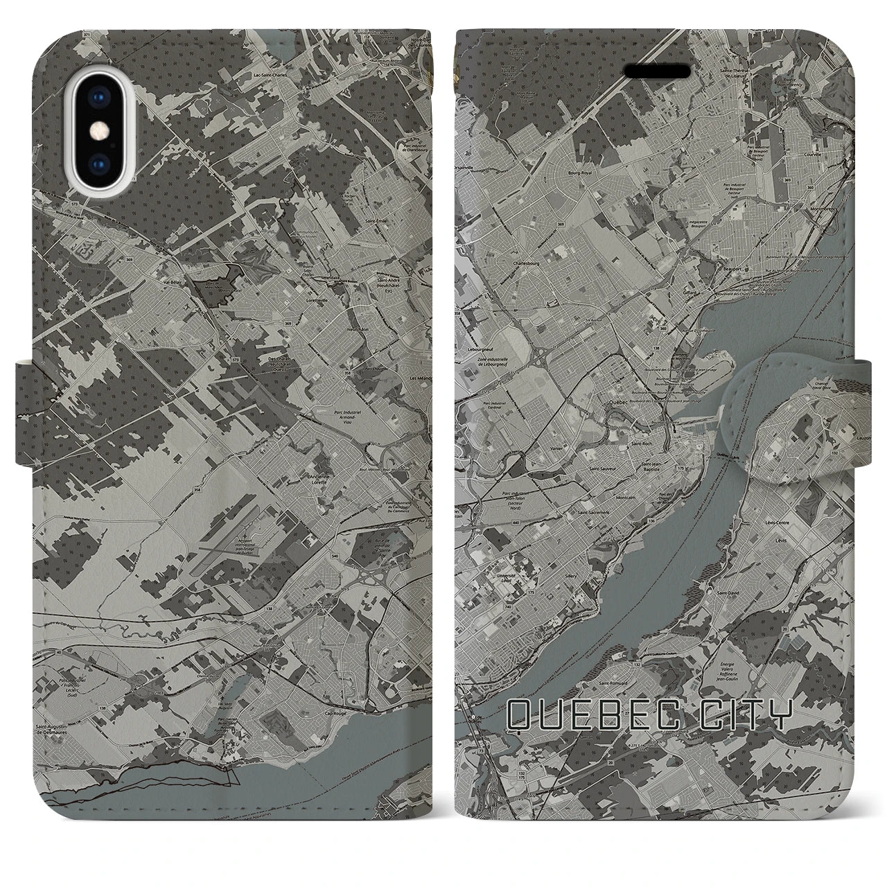 【ケベック・シティー(カナダ)】地図柄iPhoneケース(手帳タイプ)モノトーン・iPhone XS Max 用
