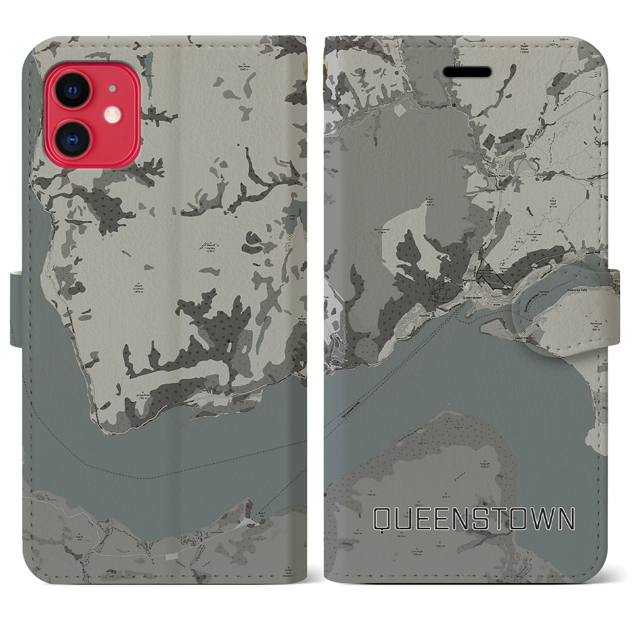 【クイーンズタウン(ニュージーランド)】地図柄iPhoneケース(手帳タイプ)モノトーン・iPhone 11 用