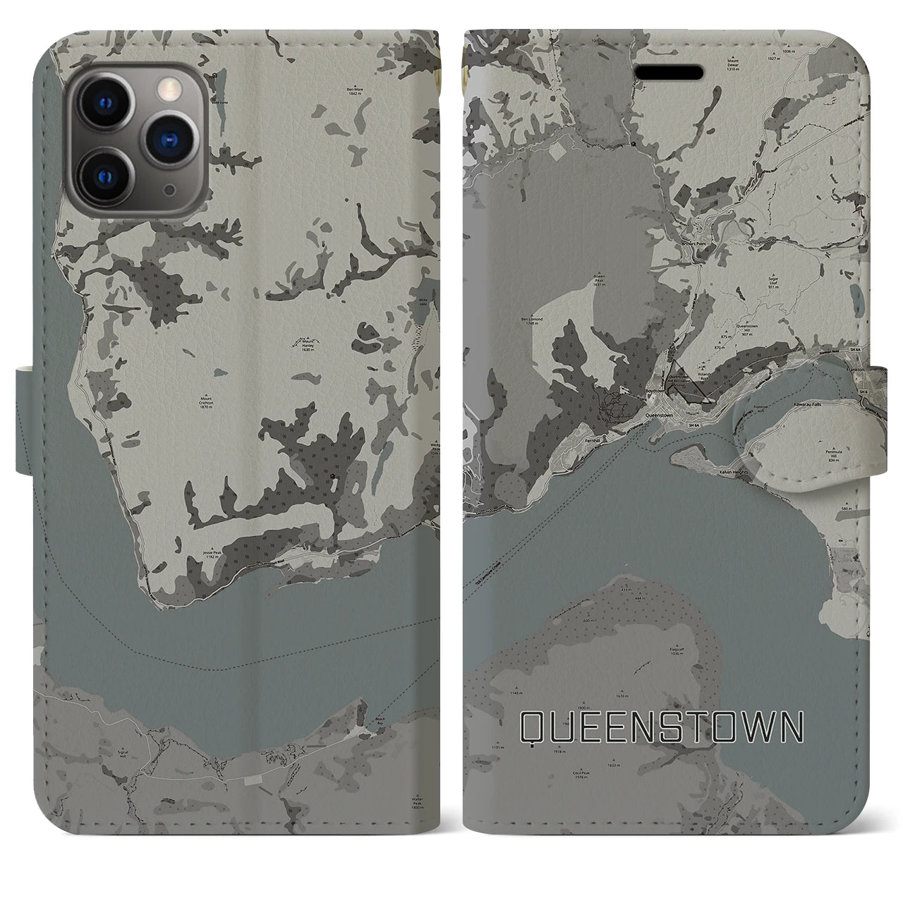【クイーンズタウン(ニュージーランド)】地図柄iPhoneケース(手帳タイプ)モノトーン・iPhone 11 Pro Max 用