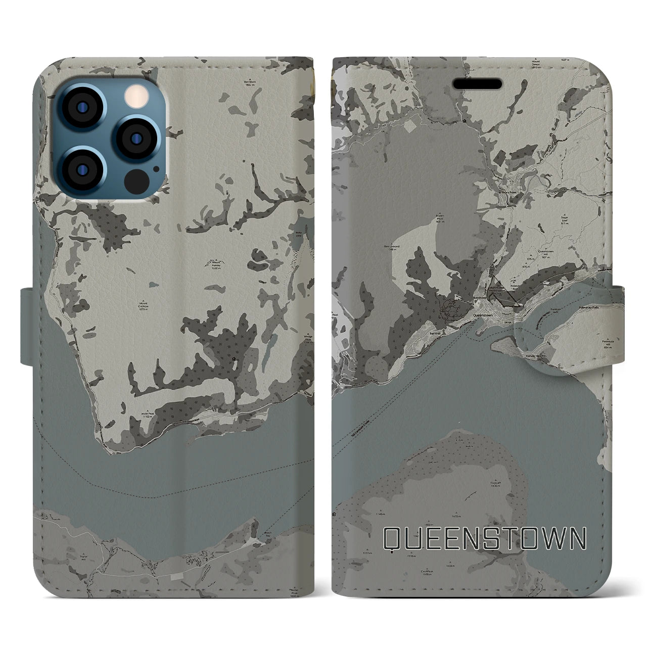 【クイーンズタウン(ニュージーランド)】地図柄iPhoneケース(手帳タイプ)モノトーン・iPhone 12 / 12 Pro 用