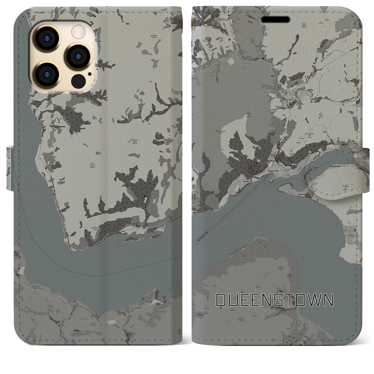 【クイーンズタウン(ニュージーランド)】地図柄iPhoneケース(手帳タイプ)モノトーン・iPhone 12 Pro Max 用