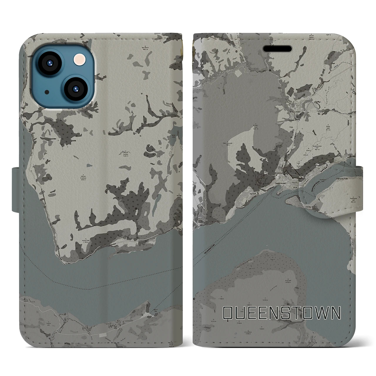 【クイーンズタウン(ニュージーランド)】地図柄iPhoneケース(手帳タイプ)モノトーン・iPhone 13 用