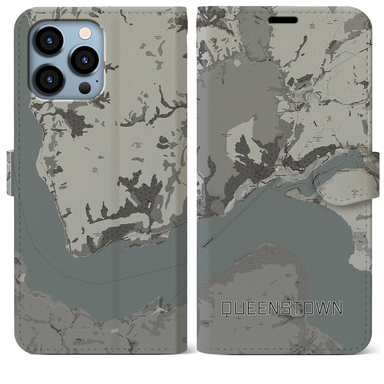 【クイーンズタウン(ニュージーランド)】地図柄iPhoneケース(手帳タイプ)モノトーン・iPhone 13 Pro Max 用