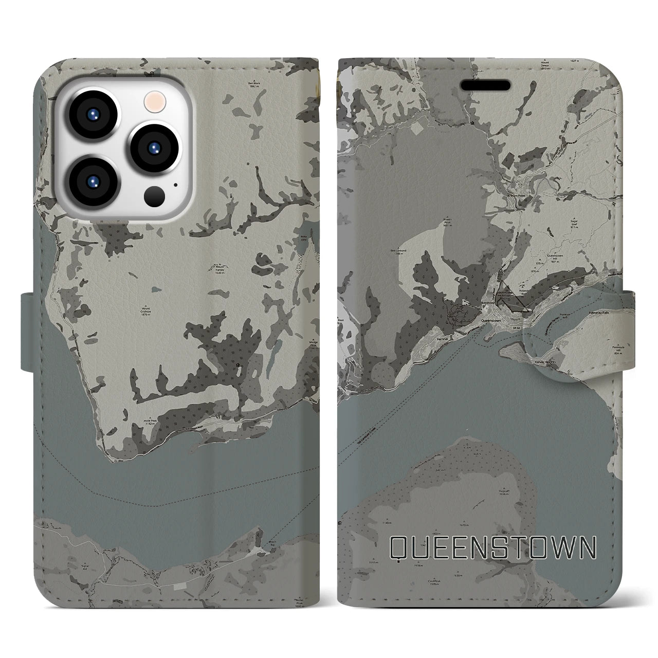 【クイーンズタウン(ニュージーランド)】地図柄iPhoneケース(手帳タイプ)モノトーン・iPhone 13 Pro 用