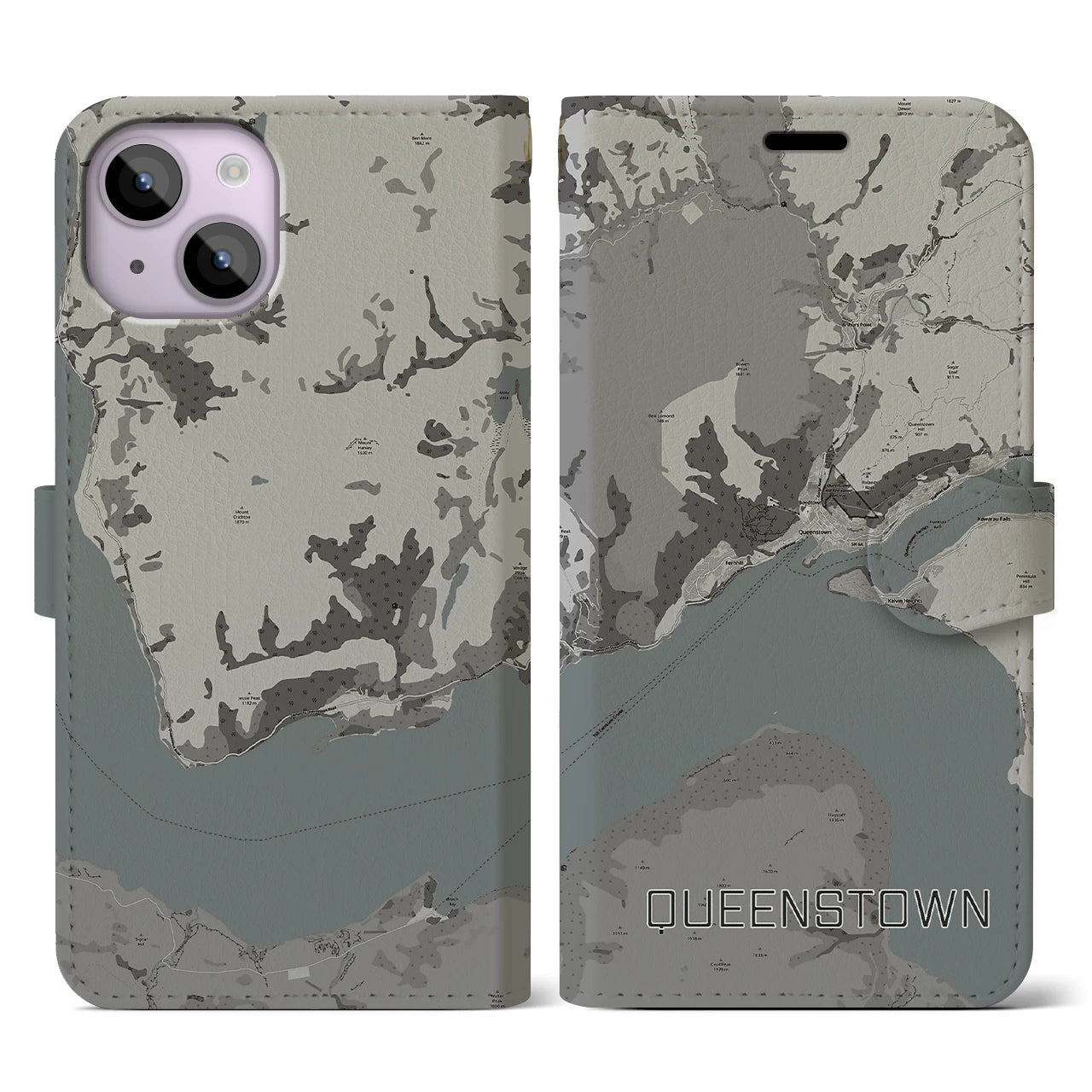 【クイーンズタウン(ニュージーランド)】地図柄iPhoneケース(手帳タイプ)モノトーン・iPhone 14 用