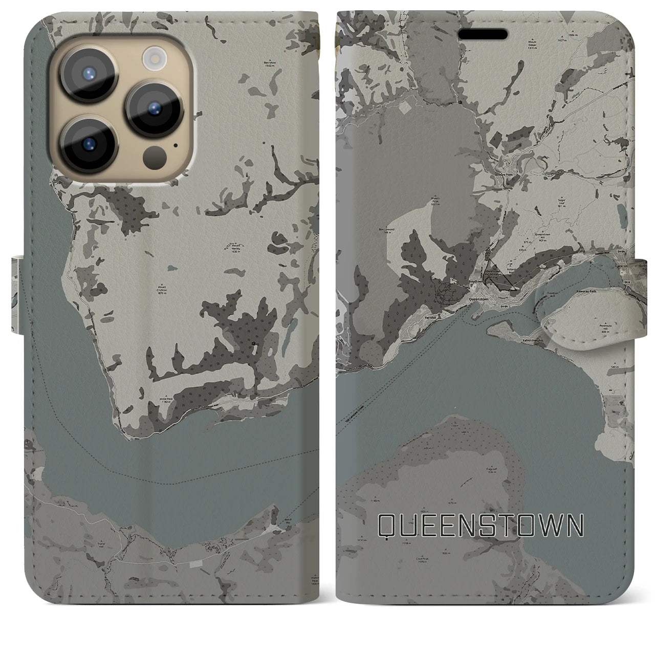 【クイーンズタウン(ニュージーランド)】地図柄iPhoneケース(手帳タイプ)モノトーン・iPhone 14 Pro Max 用