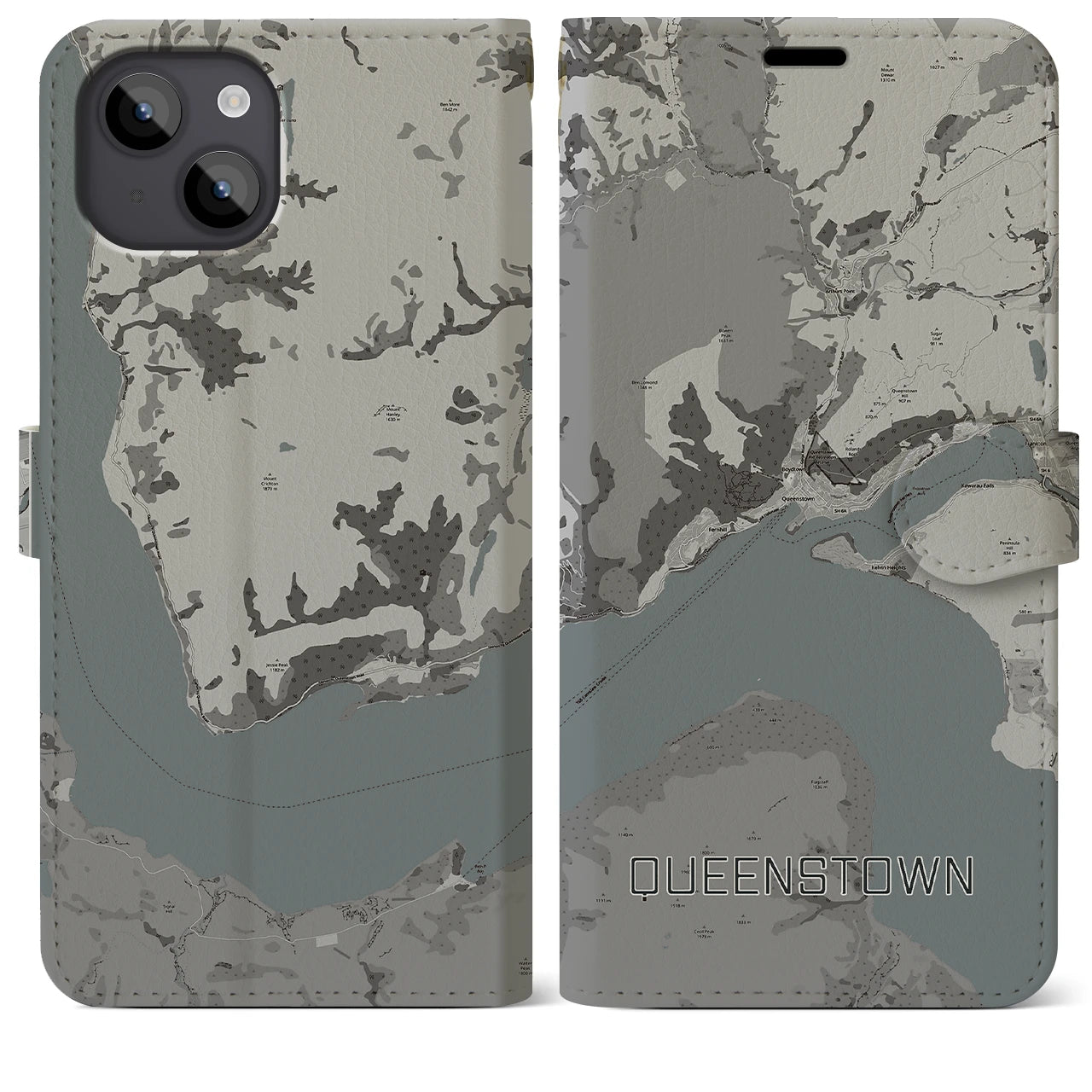 【クイーンズタウン(ニュージーランド)】地図柄iPhoneケース(手帳タイプ)モノトーン・iPhone 14 Plus 用