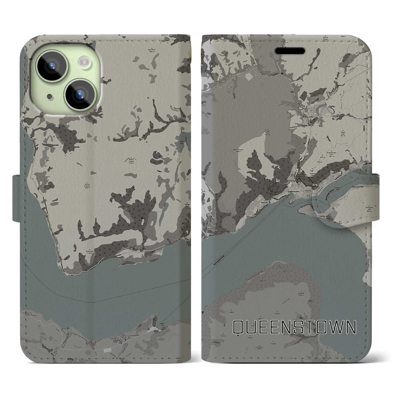 【クイーンズタウン(ニュージーランド)】地図柄iPhoneケース(手帳タイプ)モノトーン・iPhone 15 用