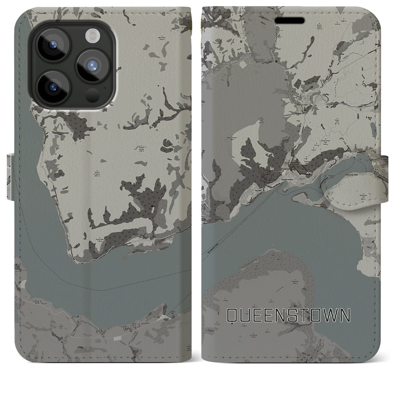 【クイーンズタウン(ニュージーランド)】地図柄iPhoneケース(手帳タイプ)モノトーン・iPhone 15 Pro Max 用