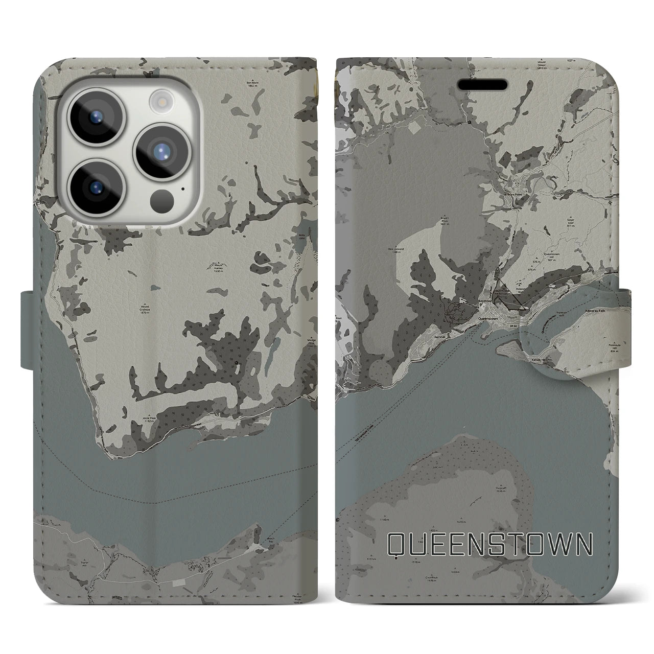 【クイーンズタウン(ニュージーランド)】地図柄iPhoneケース(手帳タイプ)モノトーン・iPhone 15 Pro 用