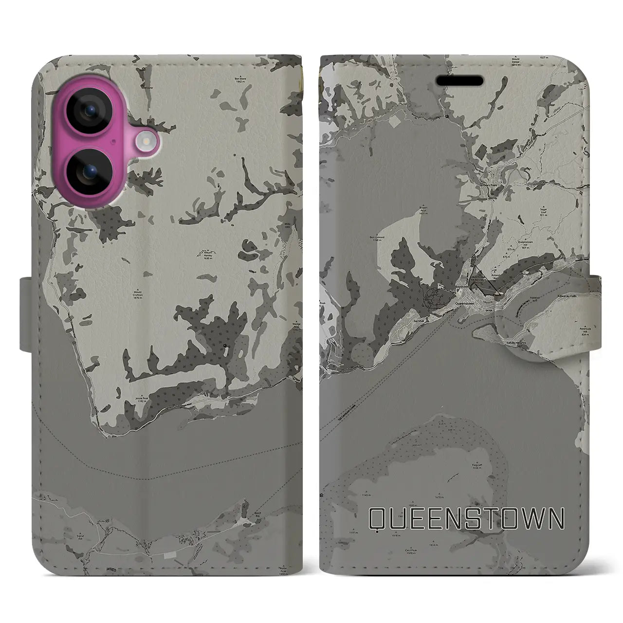 【クイーンズタウン(ニュージーランド)】地図柄iPhoneケース(手帳タイプ)モノトーン・iPhone 16 Pro 用
