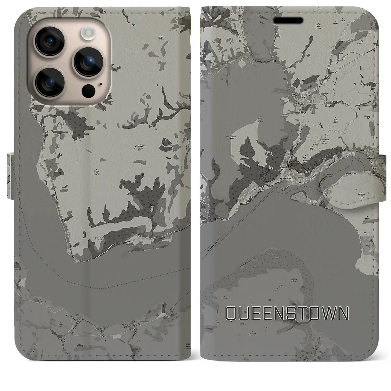 【クイーンズタウン(ニュージーランド)】地図柄iPhoneケース(手帳タイプ)モノトーン・iPhone 16 Plus 用