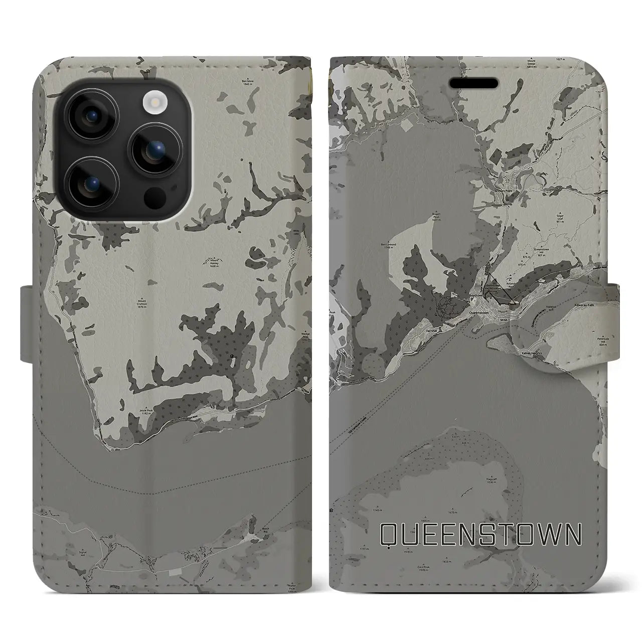 【クイーンズタウン(ニュージーランド)】地図柄iPhoneケース(手帳タイプ)モノトーン・iPhone 16 用