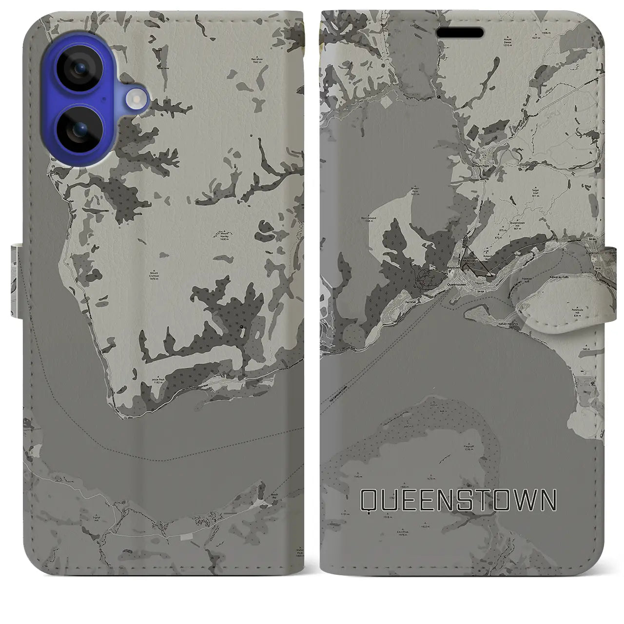 【クイーンズタウン(ニュージーランド)】地図柄iPhoneケース(手帳タイプ)モノトーン・iPhone 16 Pro Max 用