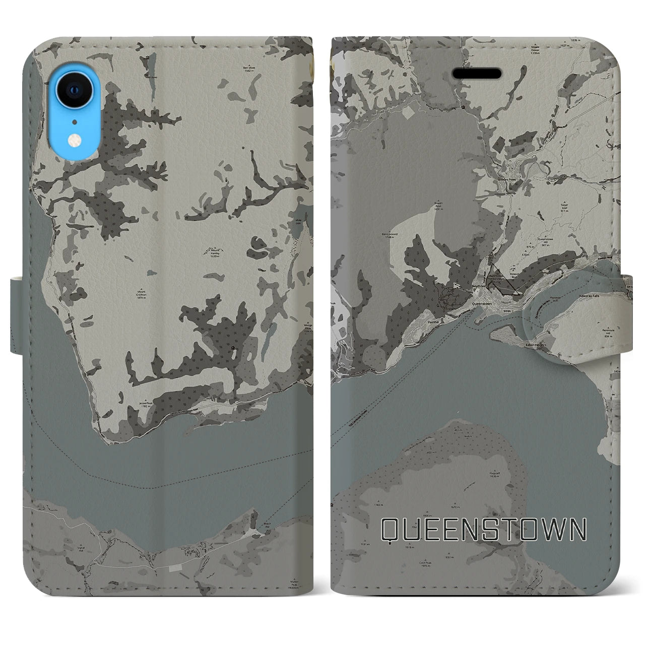 【クイーンズタウン(ニュージーランド)】地図柄iPhoneケース(手帳タイプ)モノトーン・iPhone XR 用