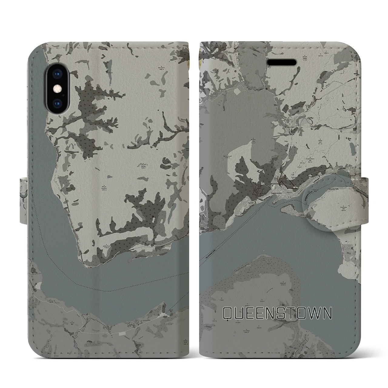 【クイーンズタウン(ニュージーランド)】地図柄iPhoneケース(手帳タイプ)モノトーン・iPhone XS / X 用
