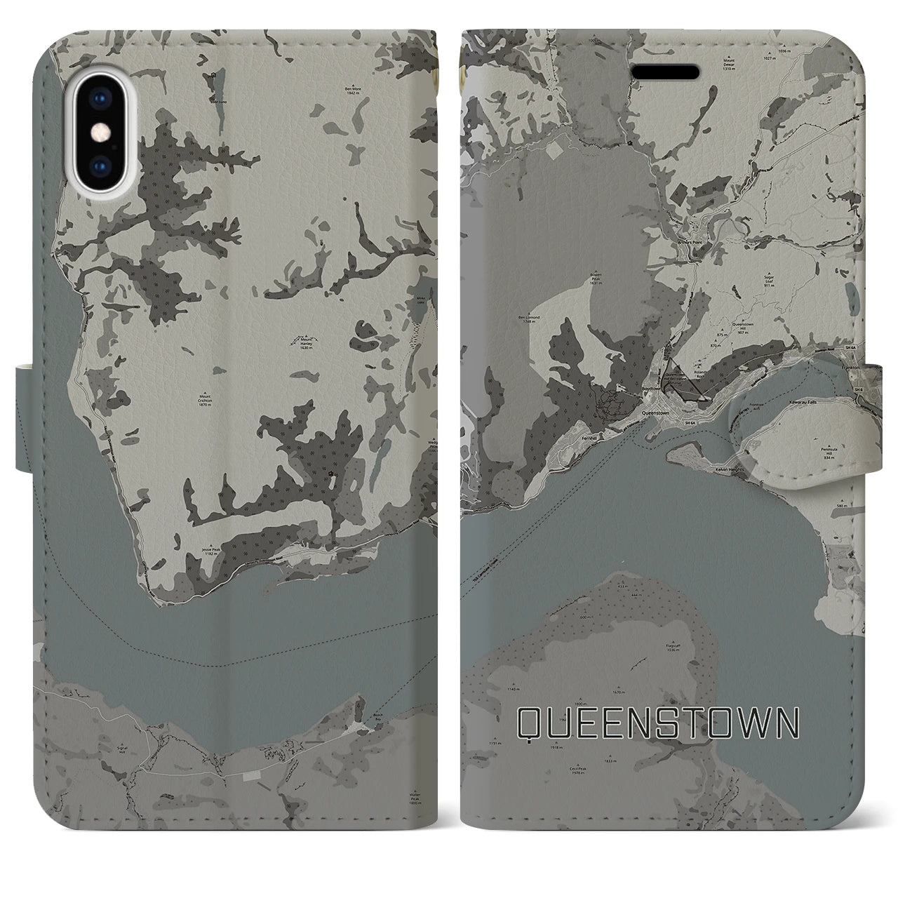 【クイーンズタウン(ニュージーランド)】地図柄iPhoneケース(手帳タイプ)モノトーン・iPhone XS Max 用