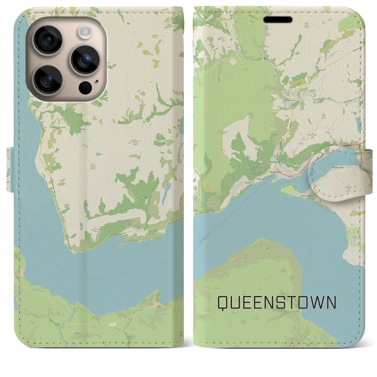 【クイーンズタウン(ニュージーランド)】地図柄iPhoneケース(手帳タイプ)ナチュラル・iPhone 16 Plus 用