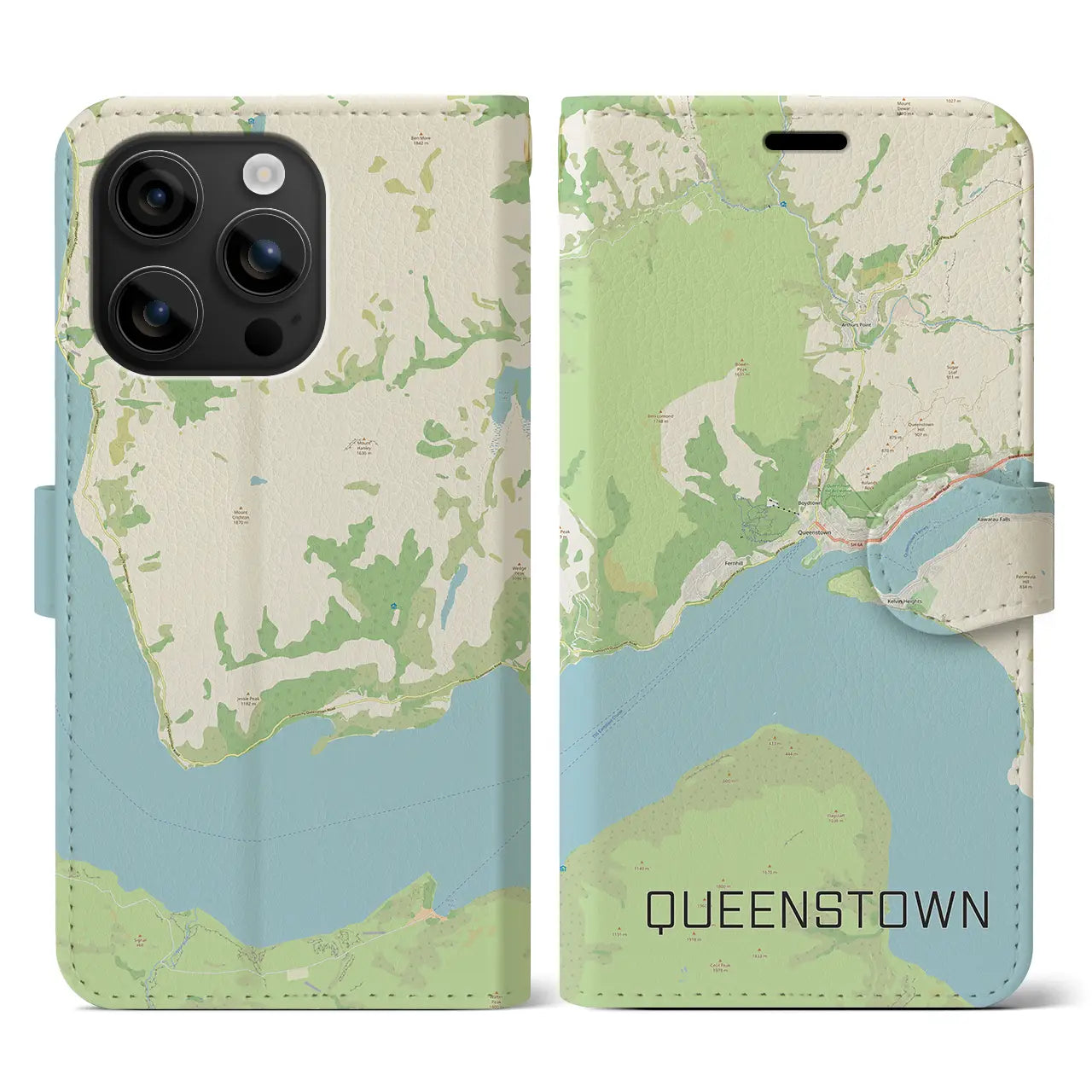 【クイーンズタウン(ニュージーランド)】地図柄iPhoneケース(手帳タイプ)ナチュラル・iPhone 16 用