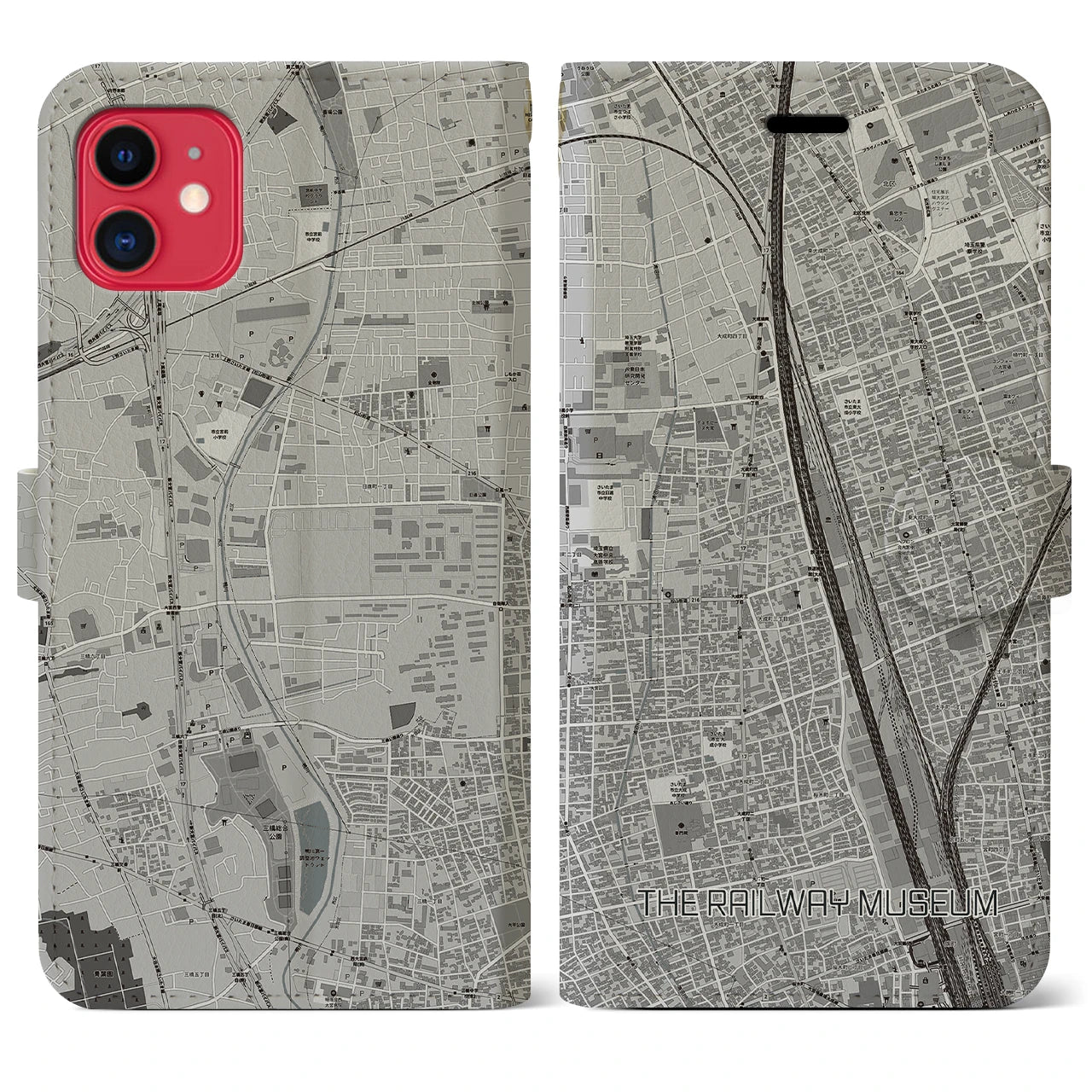 【鉄道博物館(埼玉県)】地図柄iPhoneケース(手帳タイプ)モノトーン・iPhone 11 用