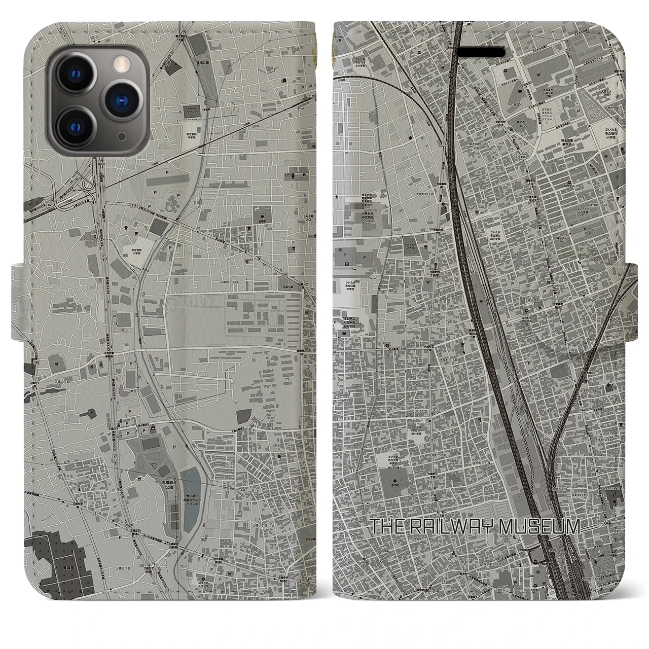 【鉄道博物館(埼玉県)】地図柄iPhoneケース(手帳タイプ)モノトーン・iPhone 11 Pro Max 用