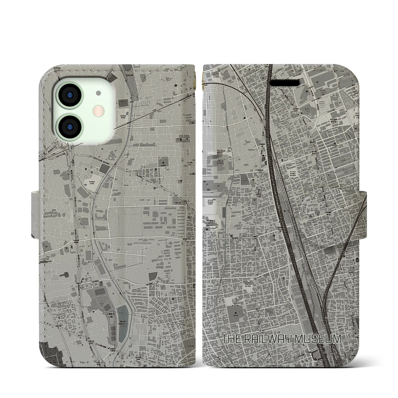 【鉄道博物館(埼玉県)】地図柄iPhoneケース(手帳タイプ)モノトーン・iPhone 12 mini 用