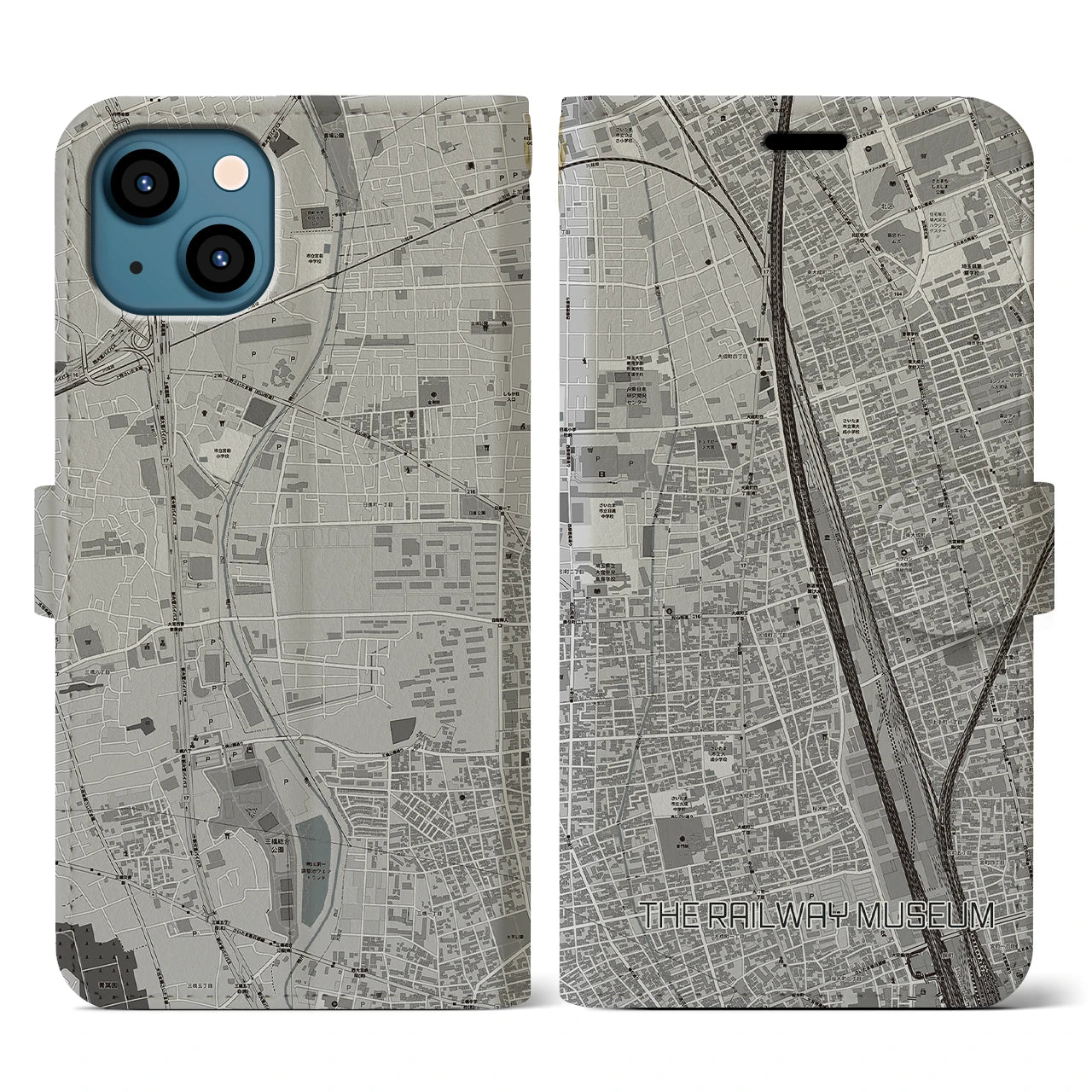 【鉄道博物館(埼玉県)】地図柄iPhoneケース(手帳タイプ)モノトーン・iPhone 13 用