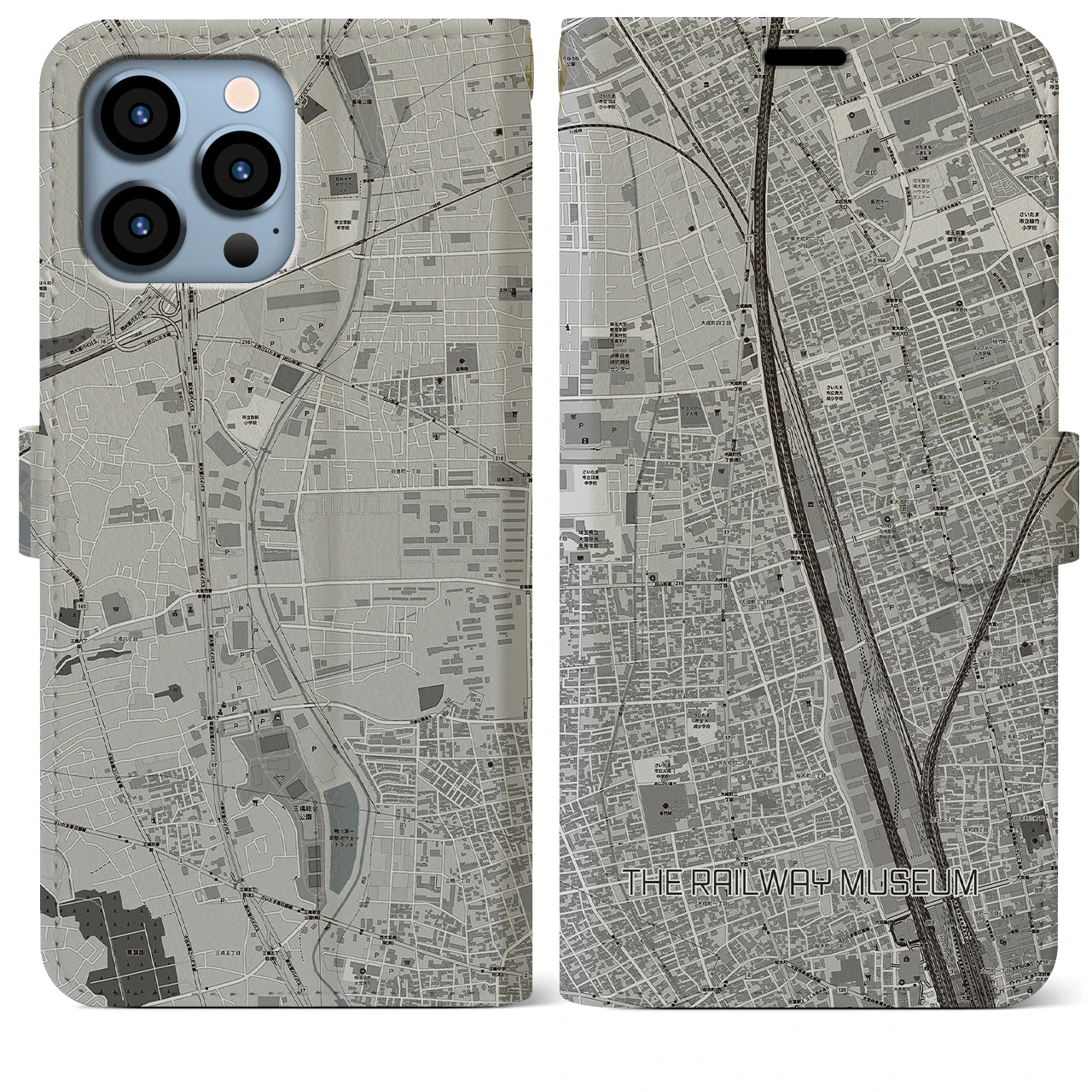 【鉄道博物館(埼玉県)】地図柄iPhoneケース(手帳タイプ)モノトーン・iPhone 13 Pro Max 用