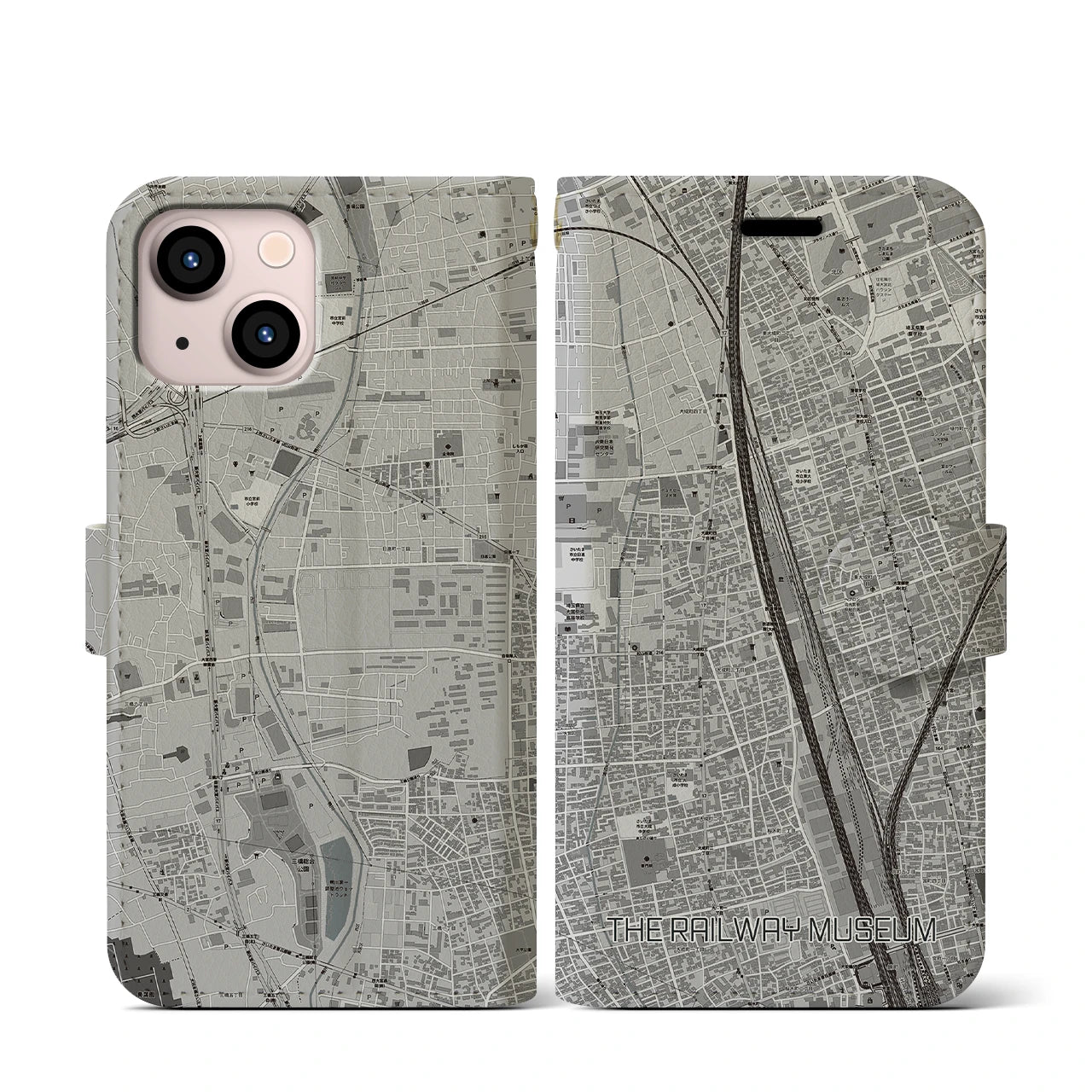 【鉄道博物館(埼玉県)】地図柄iPhoneケース(手帳タイプ)モノトーン・iPhone 13 mini 用