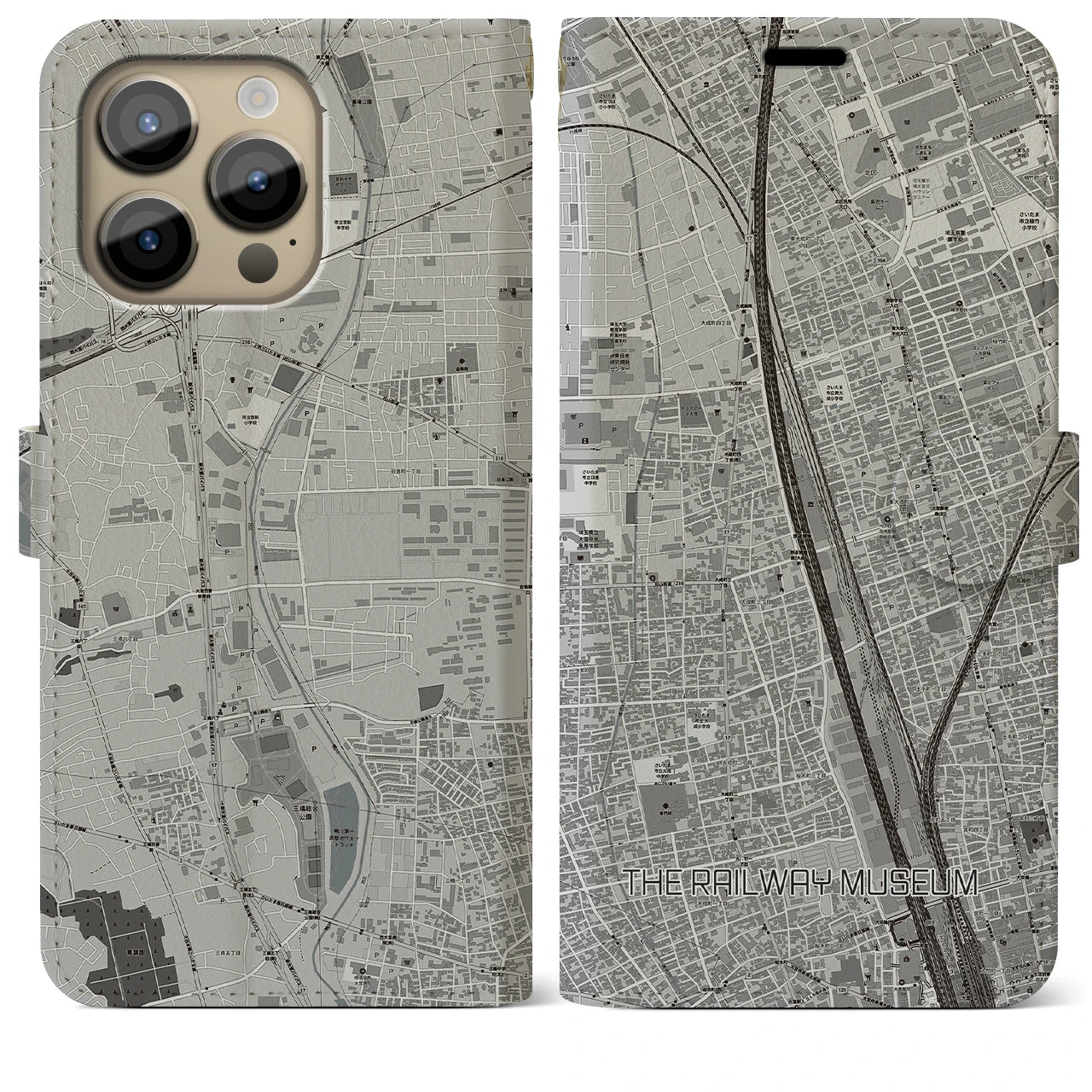 【鉄道博物館(埼玉県)】地図柄iPhoneケース(手帳タイプ)モノトーン・iPhone 14 Pro Max 用