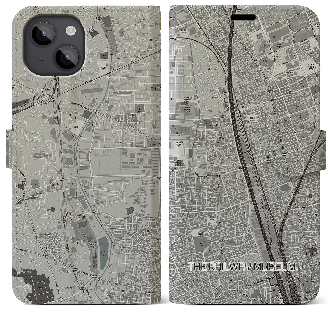 【鉄道博物館(埼玉県)】地図柄iPhoneケース(手帳タイプ)モノトーン・iPhone 14 Plus 用