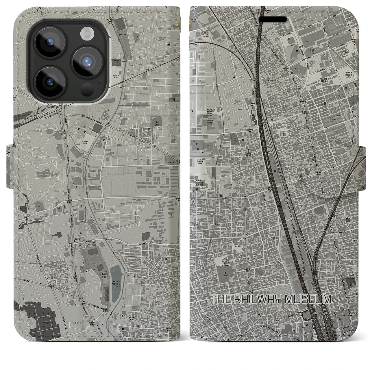 【鉄道博物館(埼玉県)】地図柄iPhoneケース(手帳タイプ)モノトーン・iPhone 15 Pro Max 用