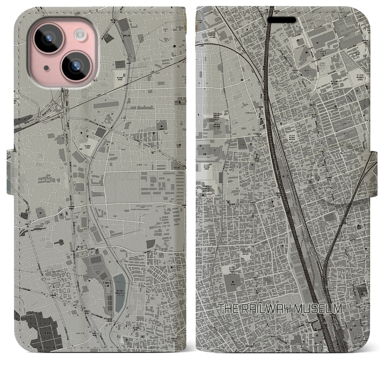【鉄道博物館(埼玉県)】地図柄iPhoneケース(手帳タイプ)モノトーン・iPhone 15 Plus 用