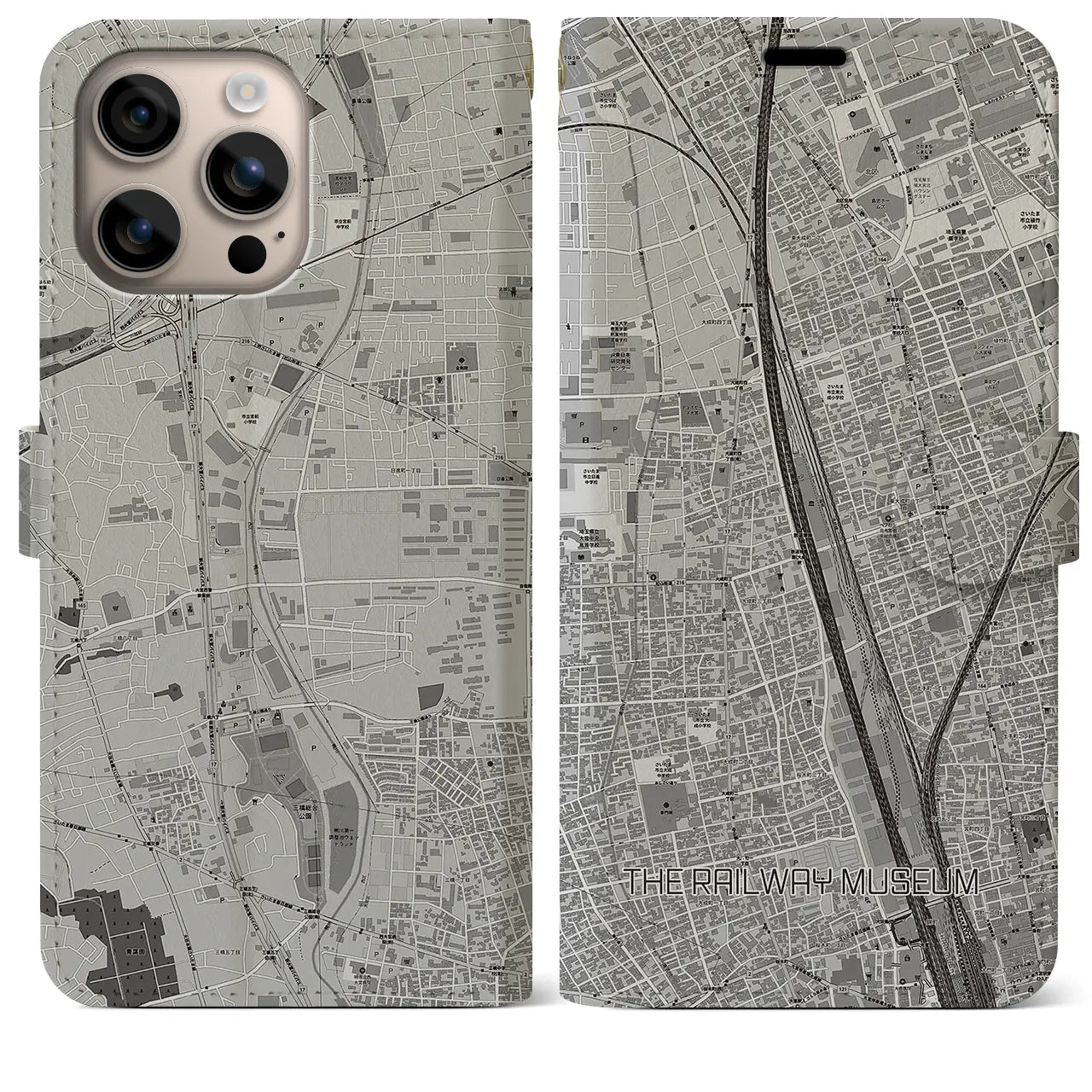 【鉄道博物館(埼玉県)】地図柄iPhoneケース(手帳タイプ)モノトーン・iPhone 16 Plus 用