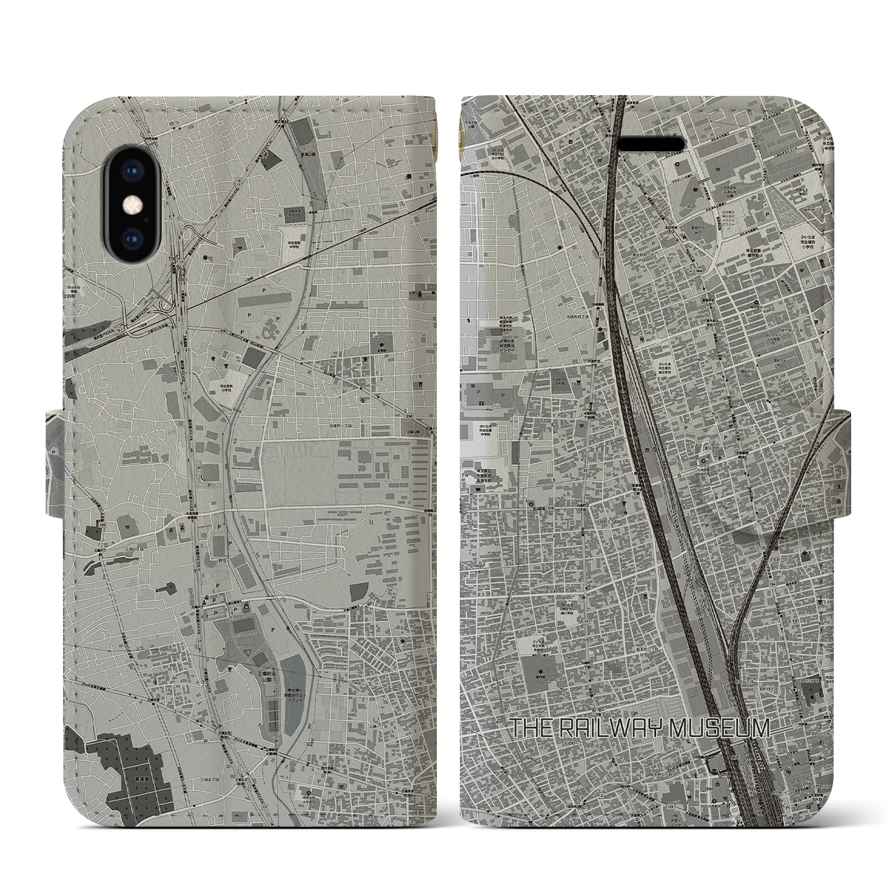 【鉄道博物館(埼玉県)】地図柄iPhoneケース(手帳タイプ)モノトーン・iPhone XS / X 用