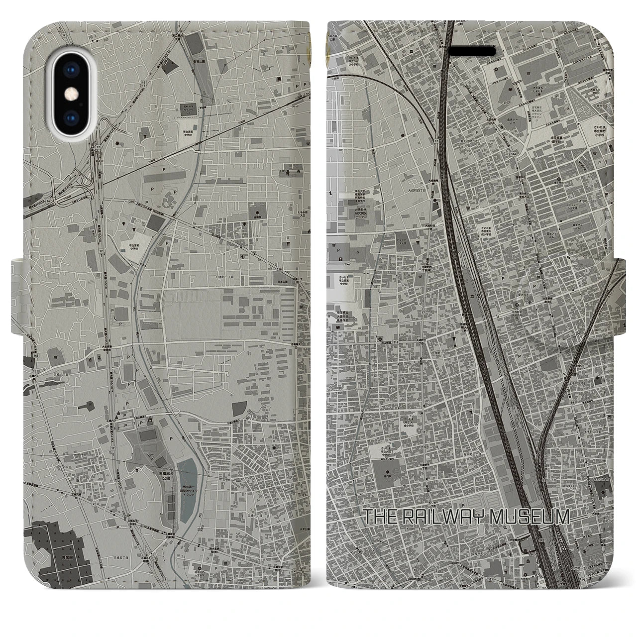 【鉄道博物館(埼玉県)】地図柄iPhoneケース(手帳タイプ)モノトーン・iPhone XS Max 用
