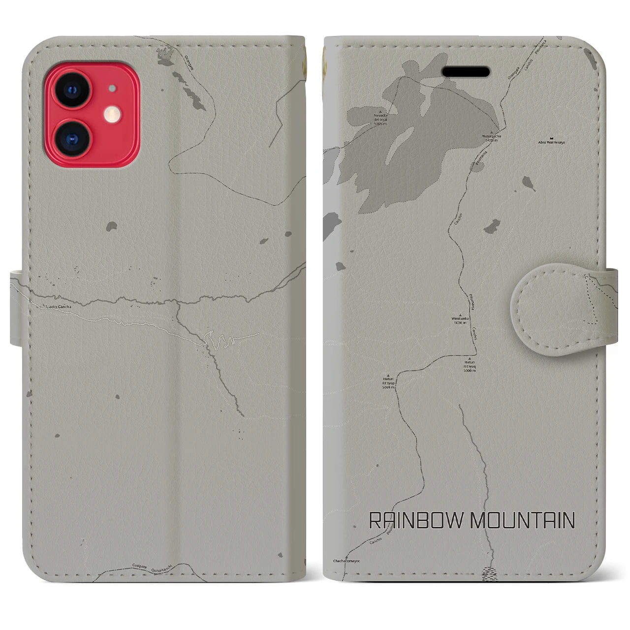 【レインボーマウンテン(ペルー)】地図柄iPhoneケース(手帳タイプ)モノトーン・iPhone 11 用