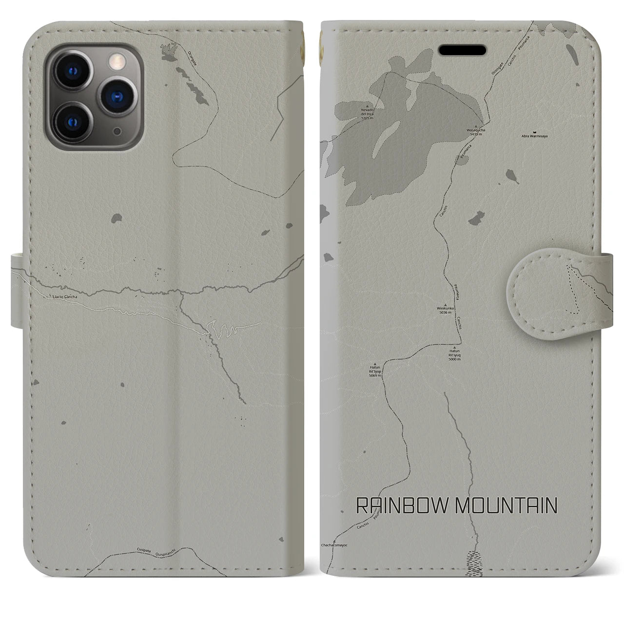 【レインボーマウンテン(ペルー)】地図柄iPhoneケース(手帳タイプ)モノトーン・iPhone 11 Pro Max 用